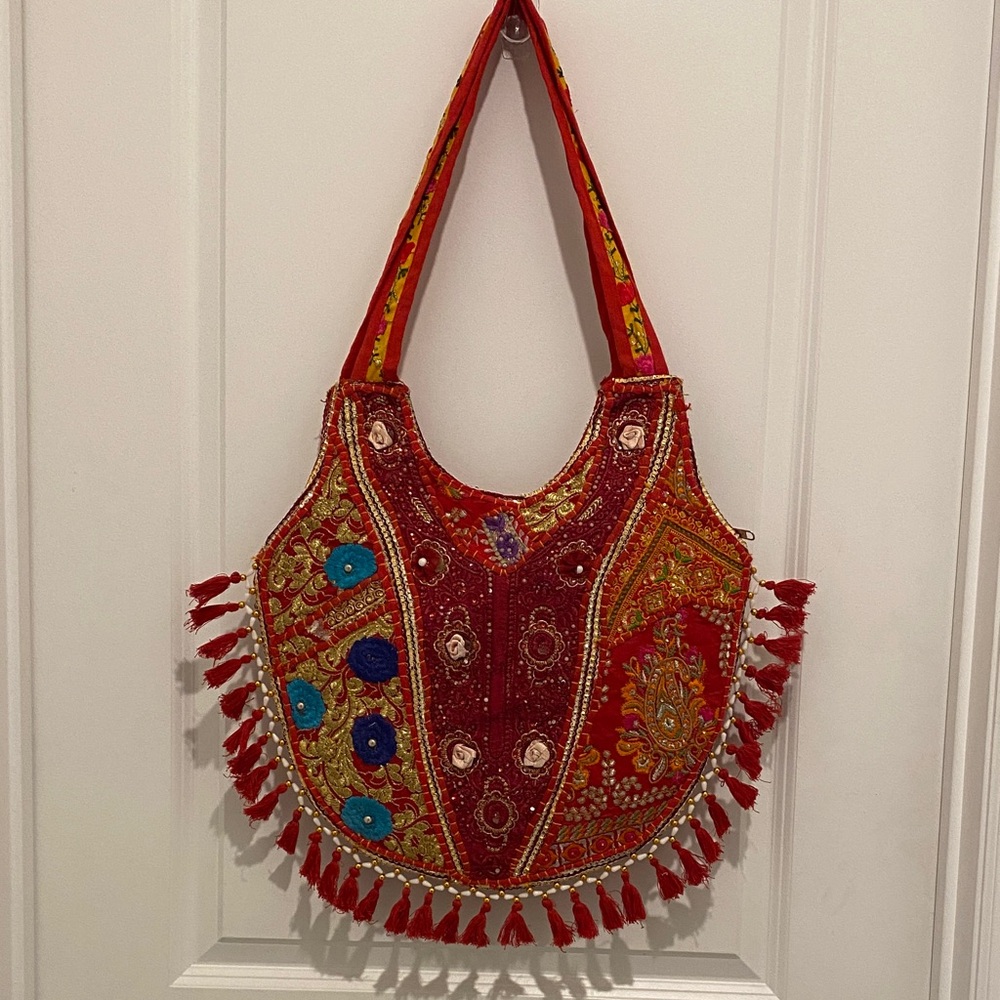 Embroidered Red Boho Shoulder Bag